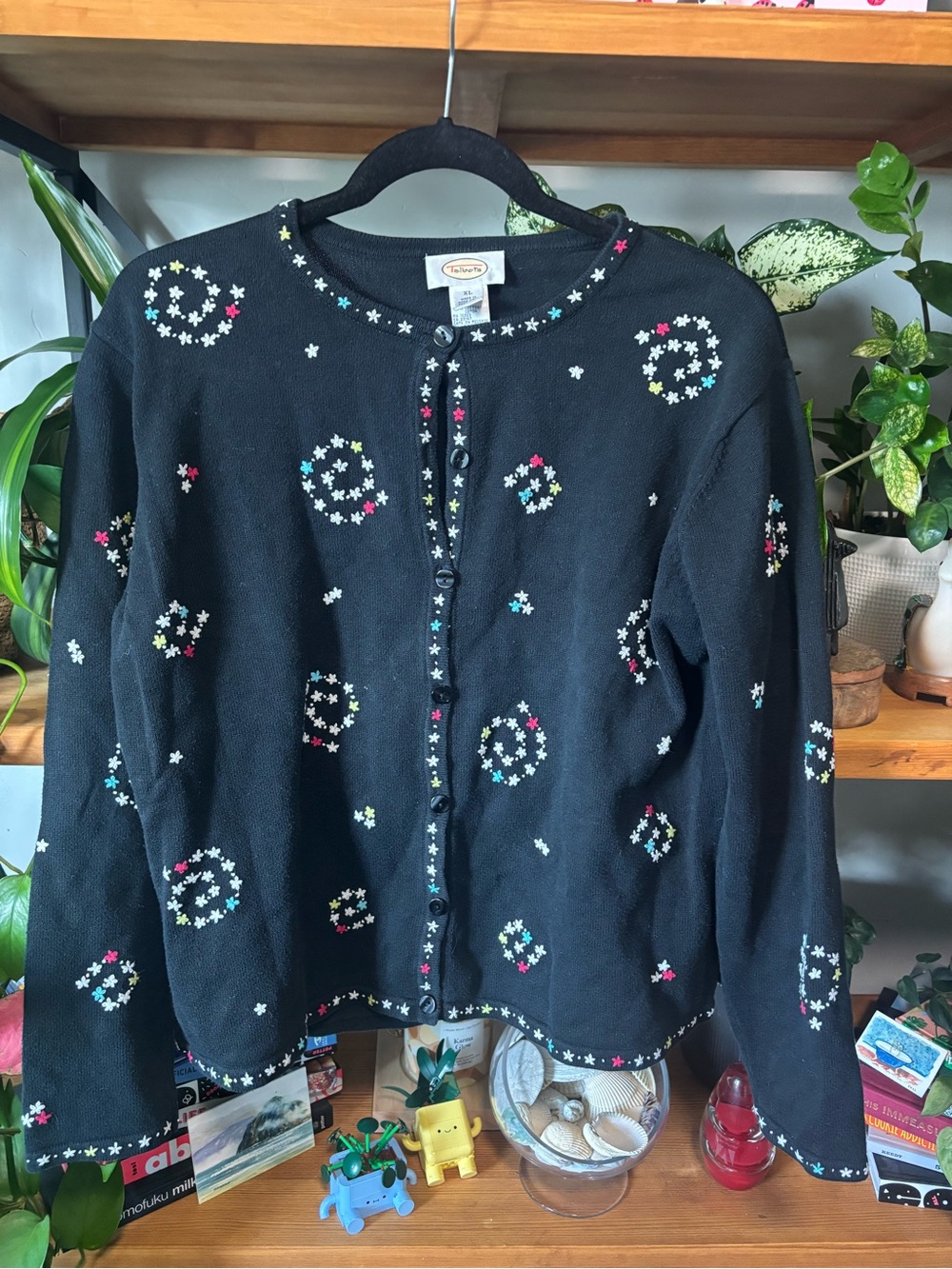Talbots Black Embroidered Circle Pattern Cardigan | XL